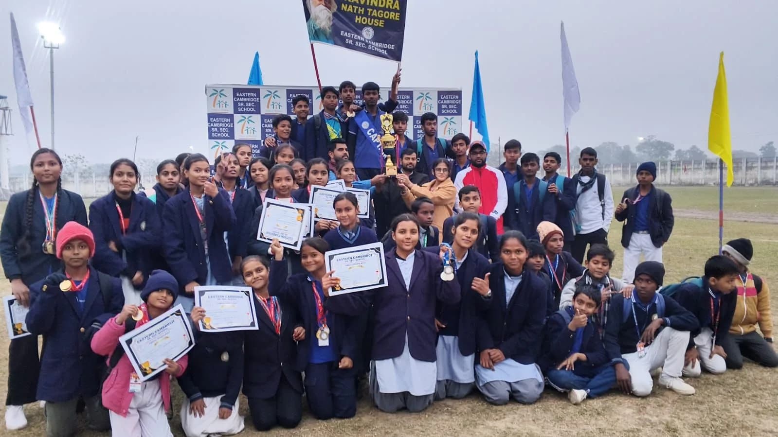Medal and certificate winners at the sports meet